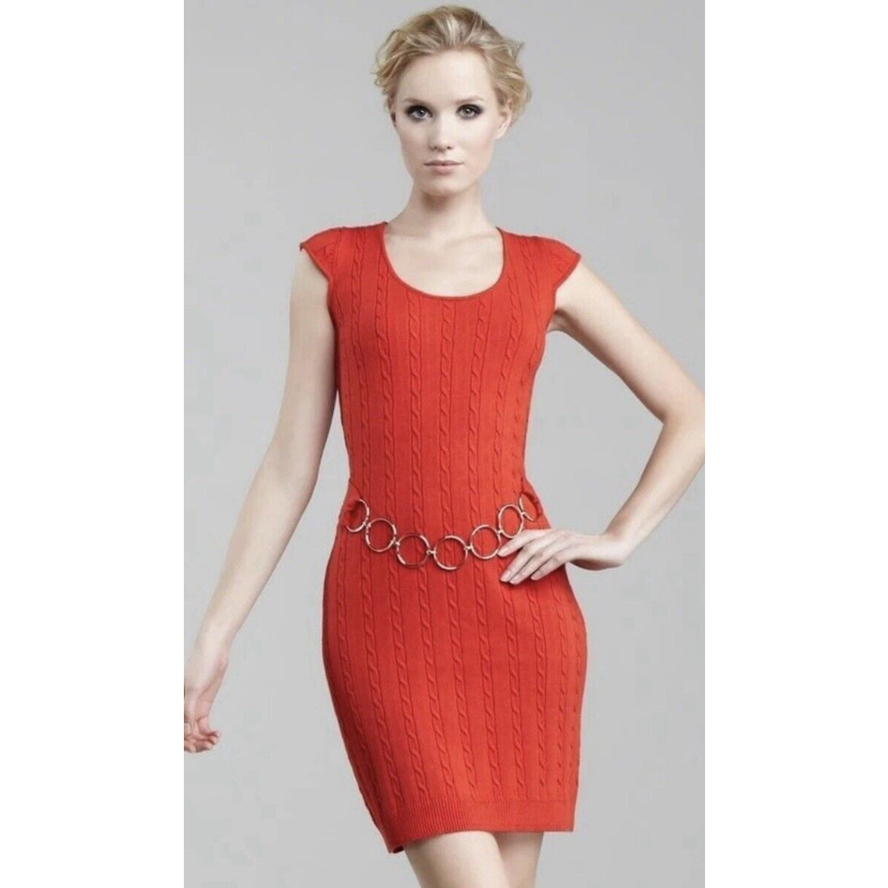 Milly NY Cable Knit Sweater Midi Dress Metal Chain Belt Women Small Red Orange